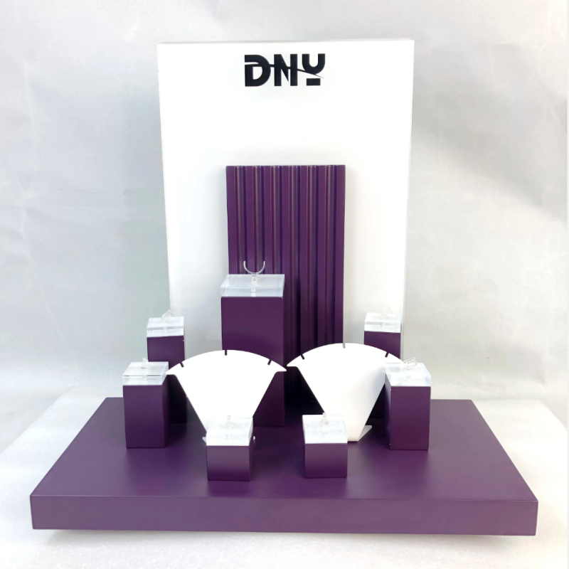 Factory custom design purple wedding ring display set Transparent acrylic ring display base Acrylic fan necklace display rack MDF bottom plate custom logo