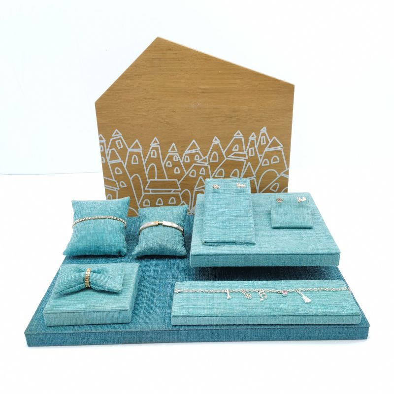 Simple young jewelry display Set Blue linen Log style jewelry display Stand Bracelet Display Pillow Trapezoidal earrings display stand Rectangular bracelet Display Base Cute jewelry display stand Blue linen bow ring display piece