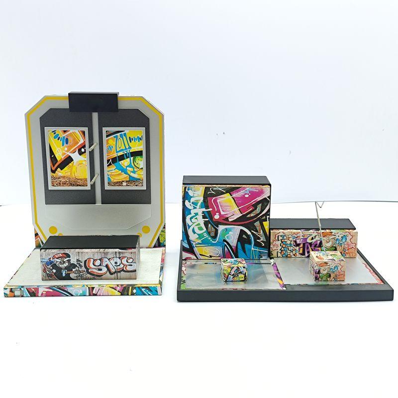 Factory custom design color graffiti glasses display set mdf surface paste UV proofing graffiti copy supporting high quality zinc alloy bracket base plate supporting science and technology sense zinc alloy sheet