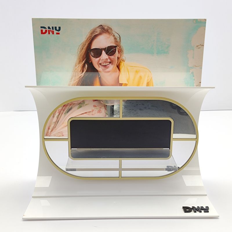 Factory custom logo acrylic stereo arc backplane glasses display stand Single glasses display stand White acrylic backplane with UV print advertising picture mirror acrylic decoration Transparent acrylic glasses stand