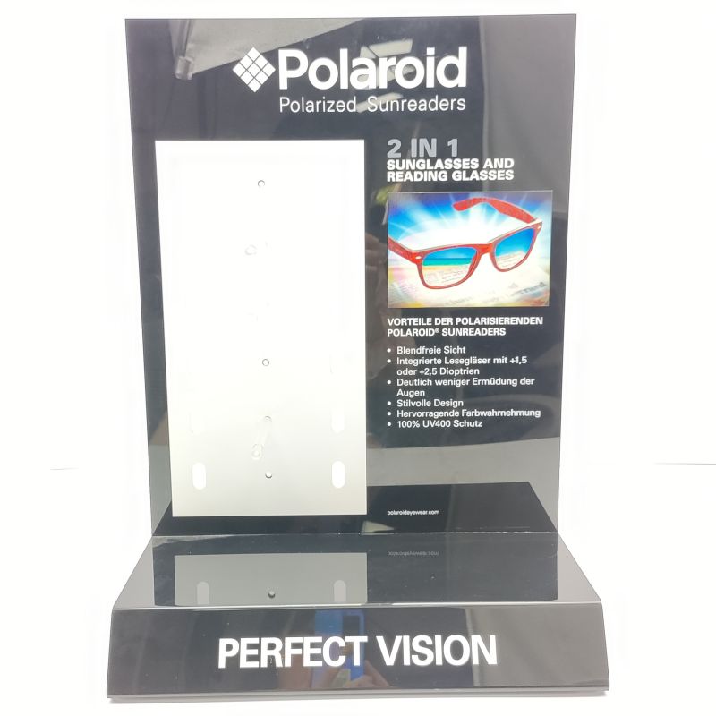 Black acrylic glasses display stand Simple Optical display stand 2mm thick black acrylic splicing form matching white acrylic glasses support back UV print advertising picture and logo Light weight eyewear display stand