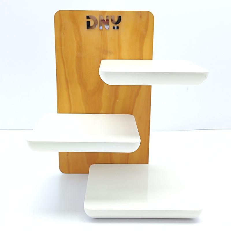 Factory custom logo three-layer white acrylic glasses display stand back pasted with wood grain paper and silver mirror acrylic logo 3cm thick white acrylic eyewear display stand