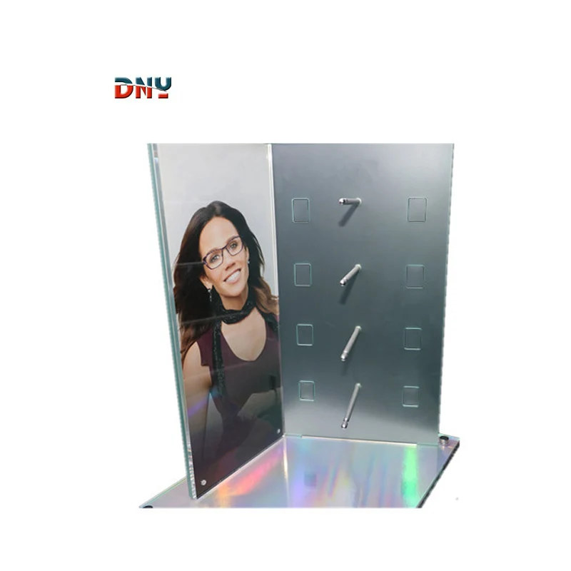 Transparent dazzling acrylic glasses display stand Transparent acrylic base bending backplane can put advertising pictures Zinc alloy metal support supporting backplane Square support display glasses New glasses display props