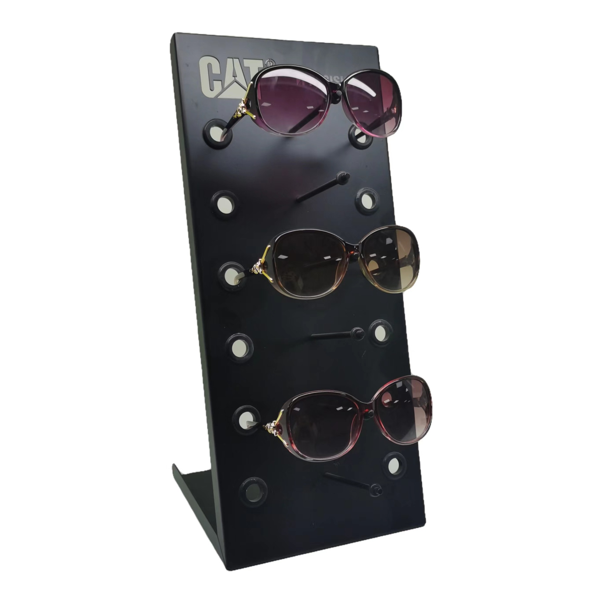 L-shaped black dusted stainless steel eyewear display stand