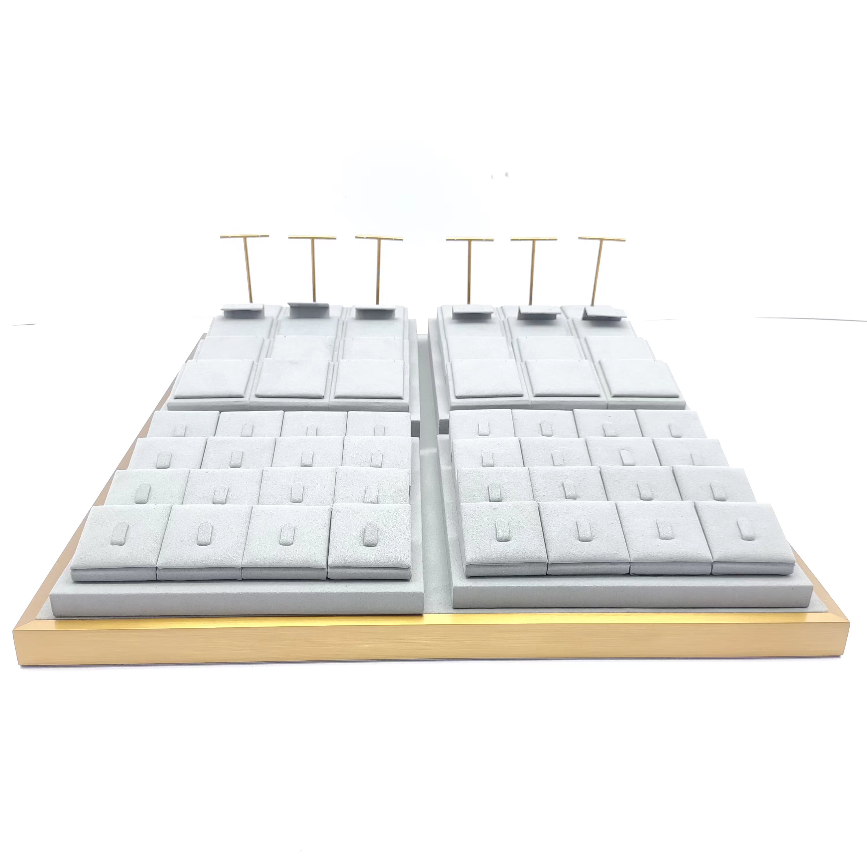 China Factory custom four-palace jewelry Display tray Ring display tray earrings display tray T-shaped gold earrings display stand Gray microfiber wrapped surface base metal frame