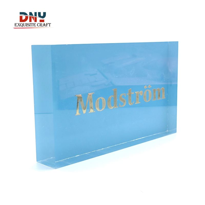 Factory custom large desktop gold logo block Transparent acrylic with gold word sticker clothing retail store brand display