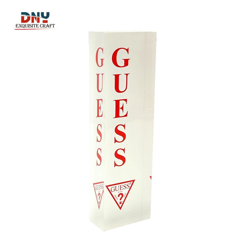 Factory custom vertical transparent acrylic logo block White board full white silk screen red logo retail desktop brand display