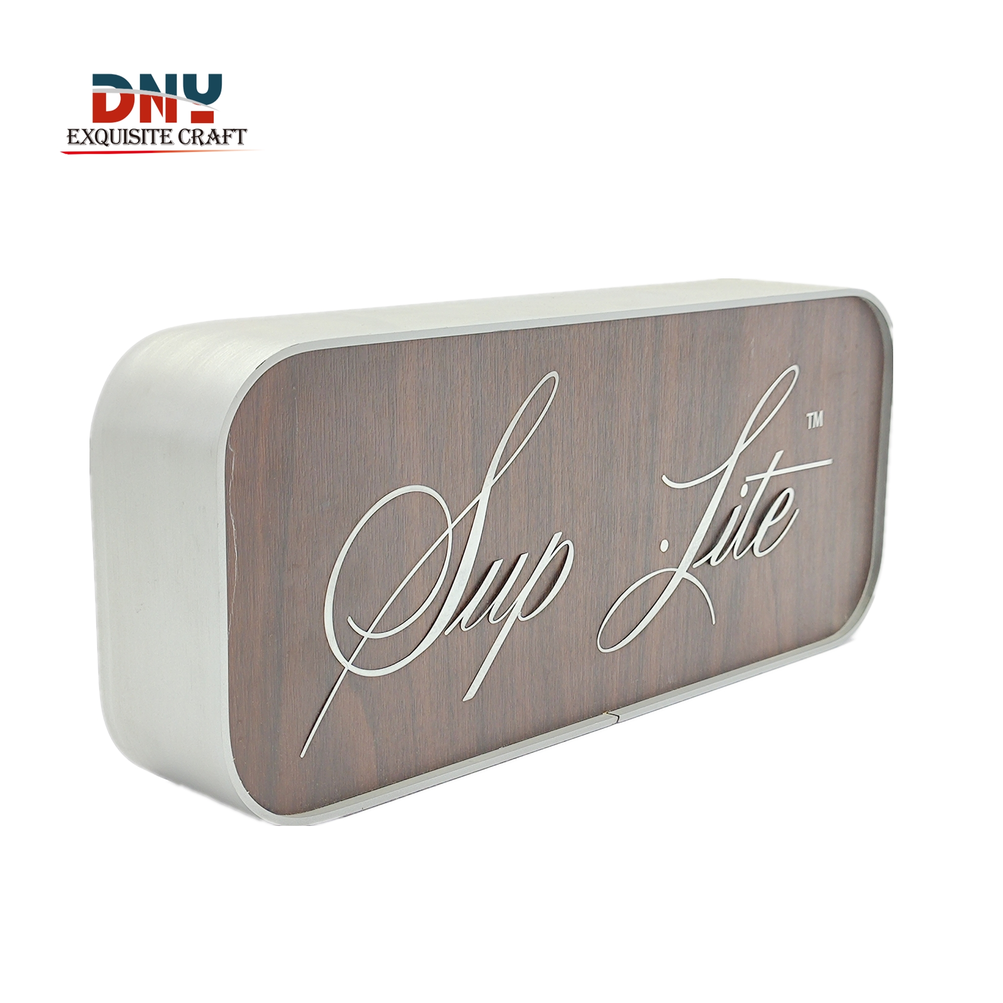 Factory custom metal logo block Solid wood surface with wood grain paper metal sticker logo word brushed silver steel frame