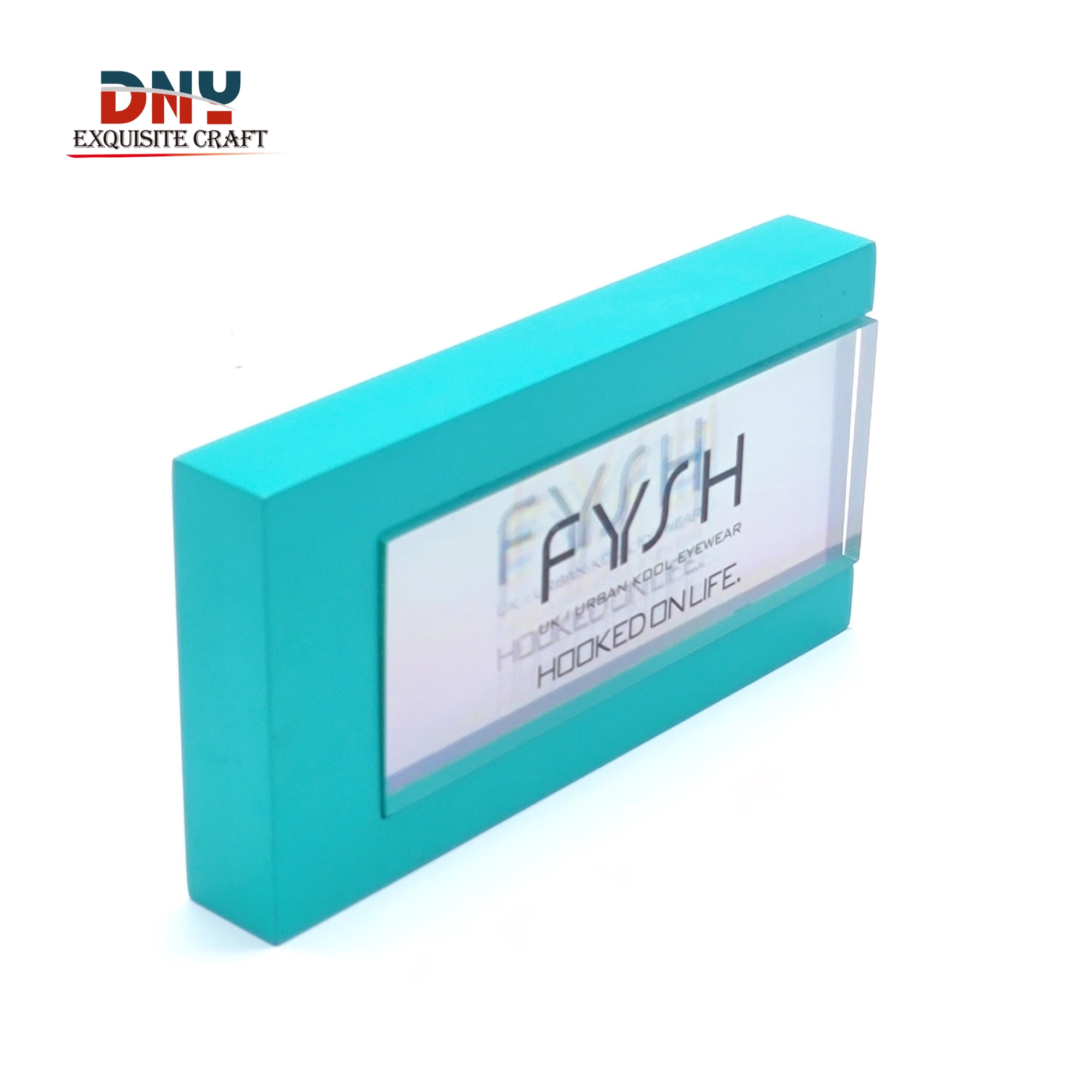 Factory custom color logo block Blue side Mosaic transparent acrylic block silk screen black logo inside paste color cardboard